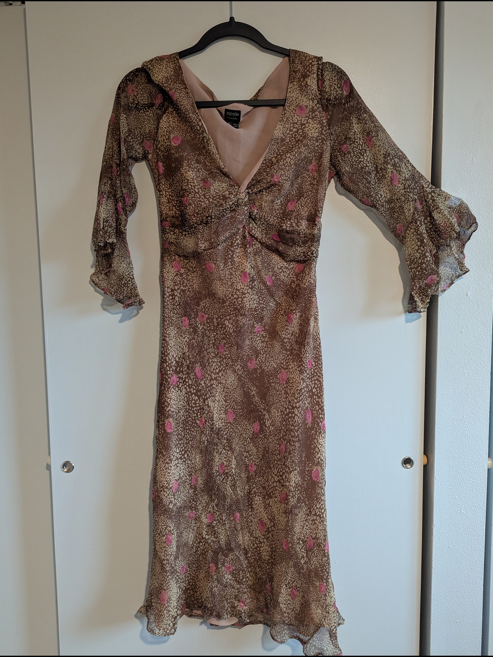 Coquette Vintage Romantic Silk Leopard Print Rose Nicole Miller Dress 8